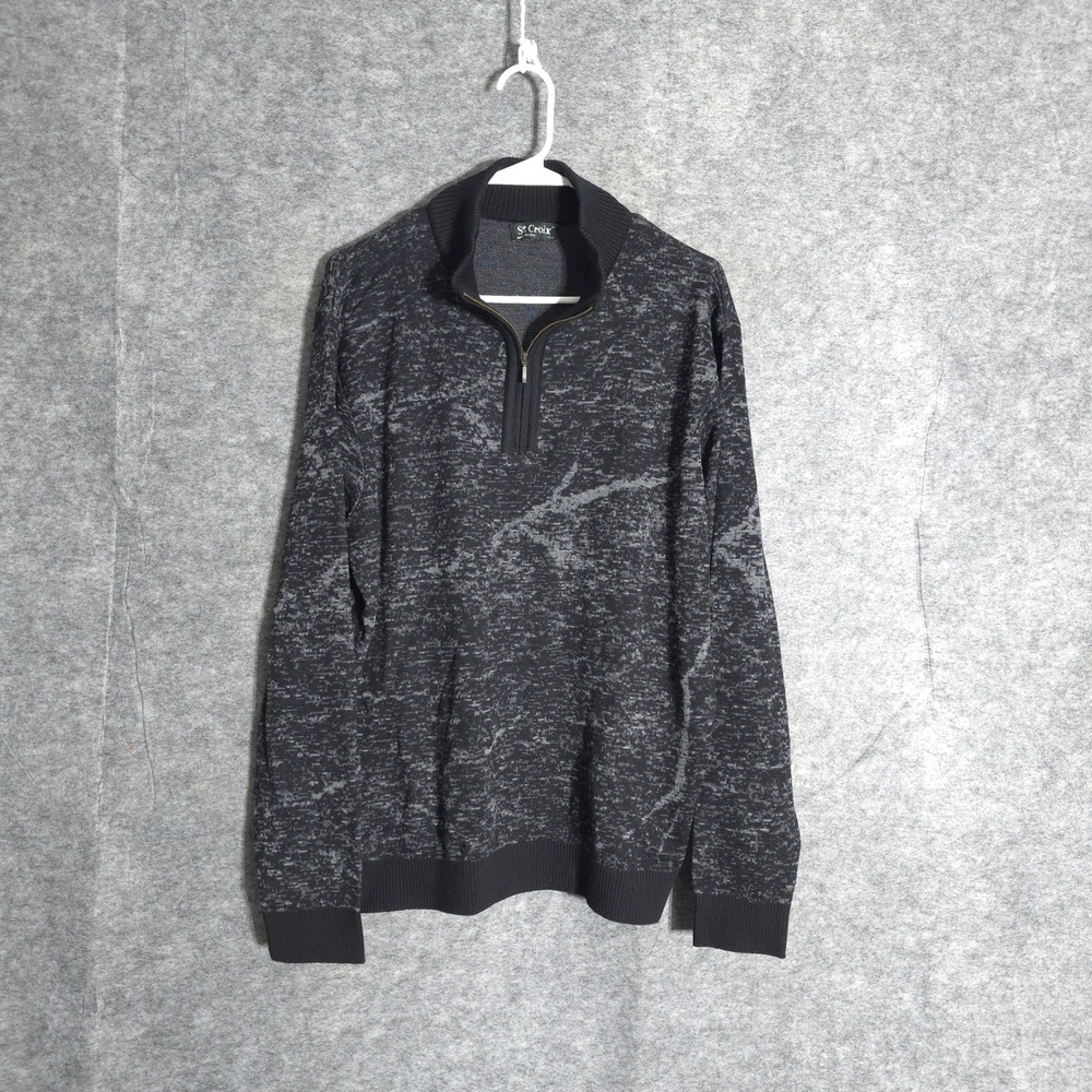 St. Croix Quarter Zip Sweater Mens L Grey Black Wool Made in USA‎ Space Dye Knit